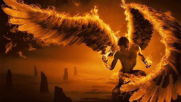 sztuka cyfrowa, mężczyźni, anioł, skrzydła, ogień, mgła, skała, pióra, bez koszuli, sztuka fantasy, krajobraz, Tapety HD