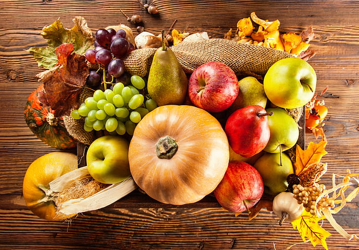 autumn, apples, harvest, grapes, pumpkin, fruit, vegetables, pear, HD wallpaper