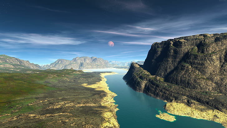 fantasy landscape, river, moon, cliff, 8k uhd, fjord, rock, mountain, landscape, HD wallpaper