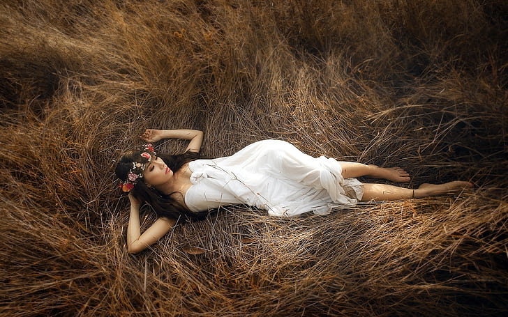 White dress girl lying in hay, White, Dress, Girl, Lying, Hay, HD wallpaper