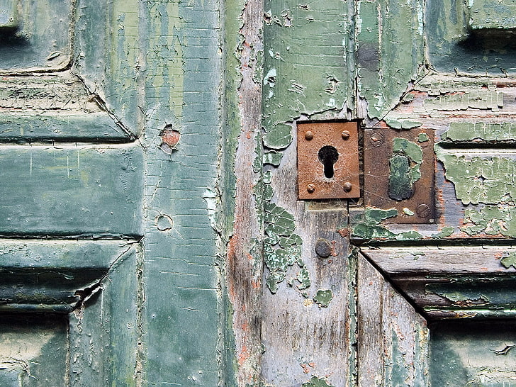 green wooden door, door, keyhole, rust, paint, old, HD wallpaper