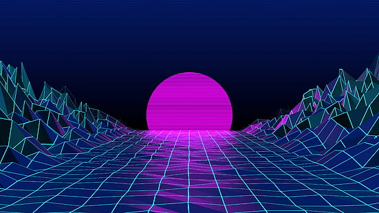 ilustrasi grafis 3D bulan merah muda, gaya Retro, 1980-an, abstrak, synthwave, lazerhawk, Wallpaper HD HD wallpaper