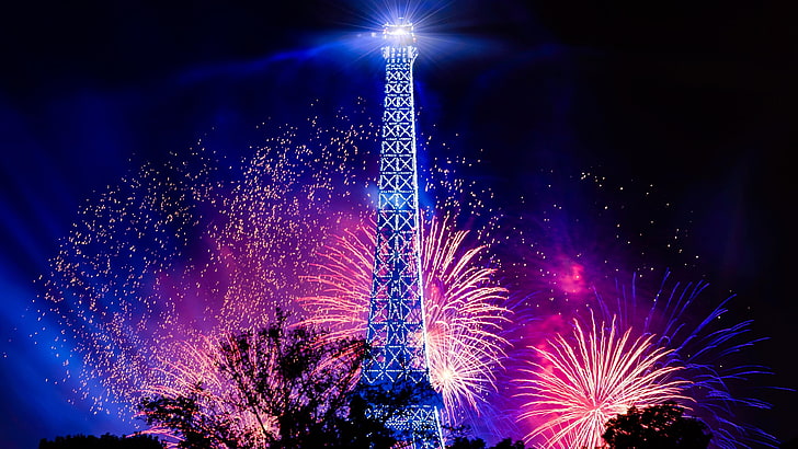 fireworks, event, sky, eiffel tower, fête, tourist attraction, festival, public event, night, new year, tower, recreation, paris, france, europe, HD wallpaper