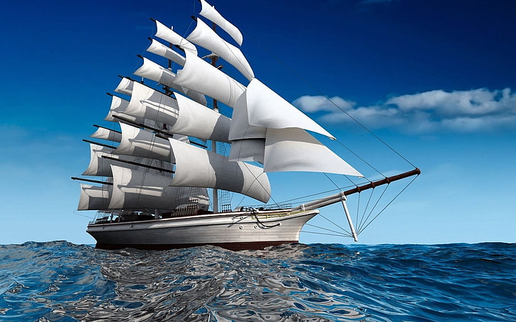 white sailing ship, ship, sea, swim, sail, HD wallpaper