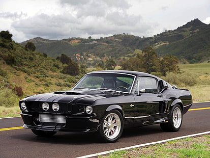 black and gray Ford Mustang coupe, road, the sky, clouds, black, hills, tuning, coupe, Mustang, Ford, Shelby, gt500, classic recreations, гт500, HD wallpaper HD wallpaper
