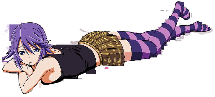 personagem feminina anime deitado no papel de parede de superfície, vetor, roxo, saia, coxa, Mizore Shirayuki, Rosario + Vampiro, HD papel de parede