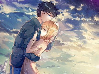 anime casal, abraço, romance, nuvens, cênico, anime, HD papel de parede HD wallpaper