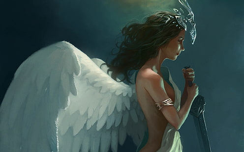 espada, alas, mujeres, obra de arte, ángel, alas de ángel, Fondo de pantalla HD HD wallpaper