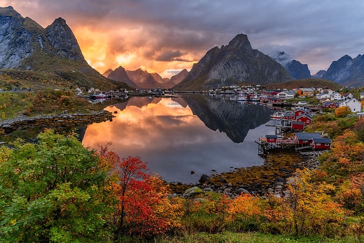 outono, pôr do sol, montanhas, reflexão, vila, Noruega, casas, fiorde, As Ilhas Lofoten, Ilhas Lofoten, Puro, O Reno, HD papel de parede