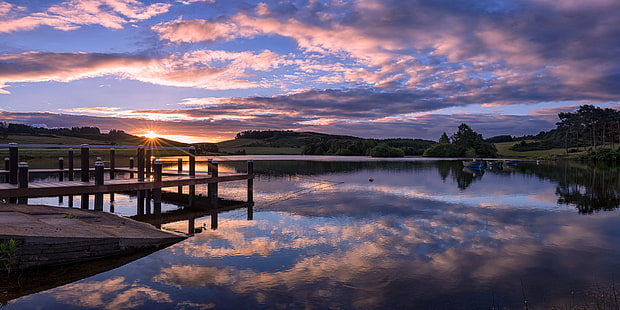 panorama photography of body of water, Knapp, panorama photography, body of water, Scotland, Renfrewshire, Kilmacolm, Loch, Boats, Rowing boat, Landscape, Dawn, nature, sunset, lake, reflection, outdoors, water, sky, scenics, mountain, dusk, sunrise - Dawn, summer, beauty In Nature, travel, HD wallpaper HD wallpaper