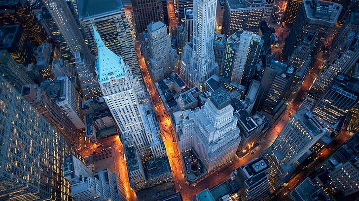 paysage, paysage urbain, New York City, lumières, vue aérienne, gratte-ciel, bâtiment, architecture, soir, rue, métropole, urbain, Fond d'écran HD