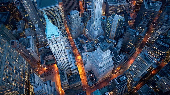 landscape, cityscape, New York City, lampu, pemandangan udara, pencakar langit, bangunan, arsitektur, malam, jalan, metropolis, perkotaan, Wallpaper HD HD wallpaper