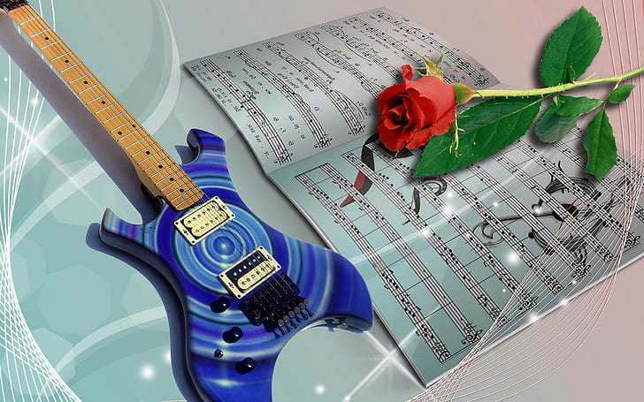 Китара HD, синя и кафява електрическа китара, музика, китара, HD тапет