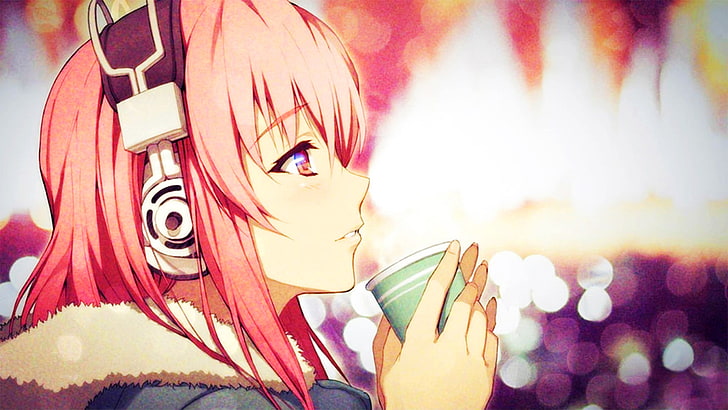 anime female character holding cup digital wallpaper, Nitroplus, Super Sonico, pink hair, profile, anime girls, headphones, anime, blurred, face, HD wallpaper