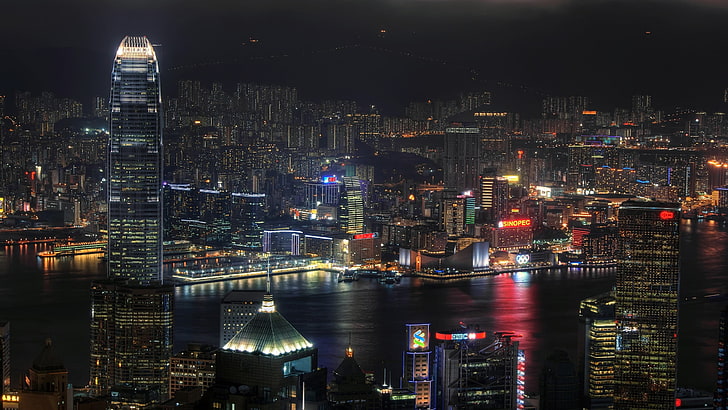 Flygfoto över byggnader, Hong Kong, Victoria Harbour, natt, stadsbild, HD tapet