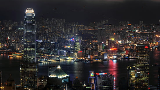 вид с воздуха зданий, Гонконг, гавань Виктория, ночь, городской пейзаж, HD обои HD wallpaper