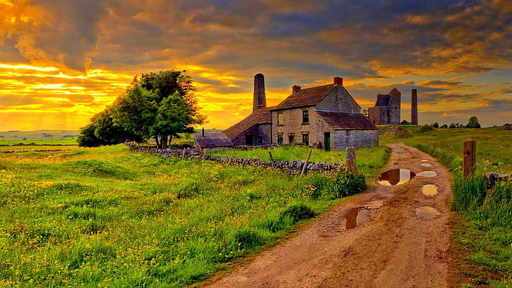 Old Farm After A Storm Hdr, photo of house near grasses and trees, road, farm, house, stone, puddles, clouds, nature and landscapes, HD wallpaper