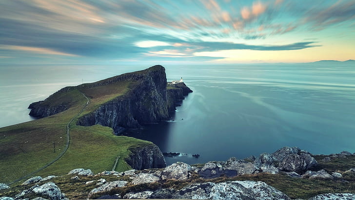 природа, пейзаж, побережье, скалы, длинные выдержки, море, маяк, маяк Neist Point, Шотландия, HD обои