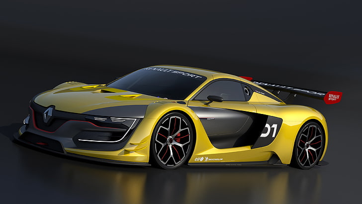 gelber Renault Symbion, Renault Sport R.S.01, Auto, Fahrzeug, Rennwagen, einfacher Hintergrund, HD-Hintergrundbild