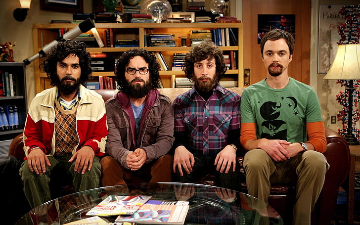 quattro giacche da uomo in colori assortiti, The Big Bang Theory, barbe, Sheldon Cooper, TV, scienziati, seduti, uomini, Sfondo HD