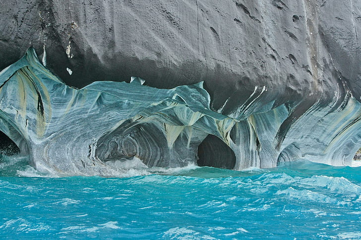 marble caves chile chico, chile, caves, water, ocean and rock formation, marble caves chile chico, chile, caves, water, HD wallpaper