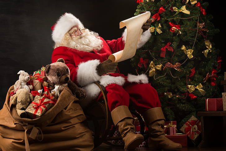 dekorasi, pohon, Tahun Baru, Natal, hadiah, Santa Claus, happy, Xmas, kotak hadiah, Selamat, pohon cemara, Wallpaper HD