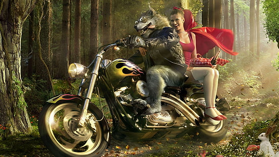вълк малка червена качулка произведения на изкуството харли Дейвидсън 3d 1920x1080 мотоциклети Harley Davidson HD Art, вълк, червената шапчица, HD тапет HD wallpaper