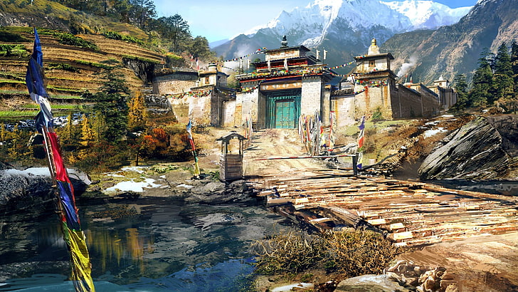 Witcher 3 gioco sfondo digitale, arte digitale, fantasy art, Far Cry 4, videogiochi, Himalaya, montagne, monastero, acqua, lago, bandiera, natura, legno, alberi, foresta, picco nevoso, Sfondo HD