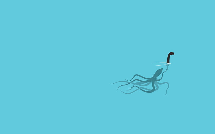octopus animated illustration, sea, azure, octopus, humor, underwater, sea monsters, minimalism, cyan, Loch Ness Monster, nessy, simple, water, squids, cyan background, HD wallpaper