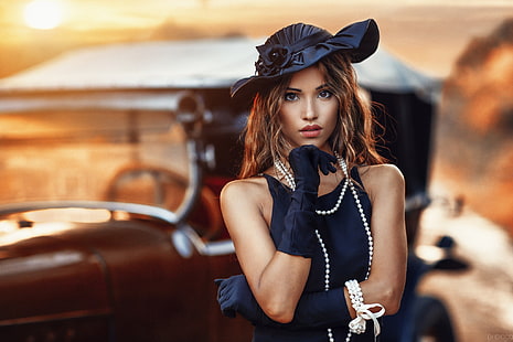 women, model, face, brunette, brown eyes, hat, gloves, pearls, portrait, women outdoors, dress, juicy lips, Alessandro Di Cicco, black dress, pearl necklace, car, Oldtimer, makeup, millinery, looking at viewer, HD wallpaper HD wallpaper