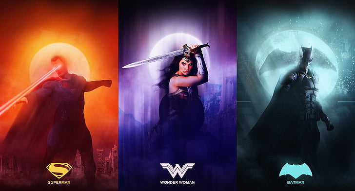 Wallpaper digital Superman, Wonder Woman dan Batman, Justice League, Superman, Wonder Woman, Batman, HD, 4K, 8K, Wallpaper HD