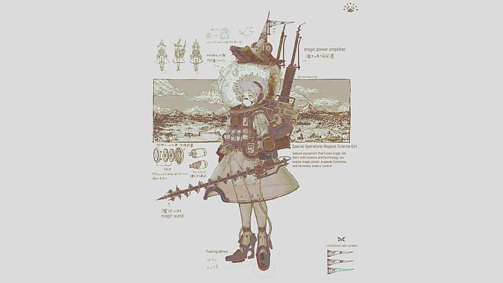 magical girls, science, military, witch, industrial, curly hair, weapon, heavy equipment, army, map, schematic, infographics, detailed, ropes, shoes, skirt, lance, glass, engine, girl in armor, water, mountains, original characters, steampunk, steampunk girl, punk, diagrams, bright, white, white background, Brutalism, HD wallpaper