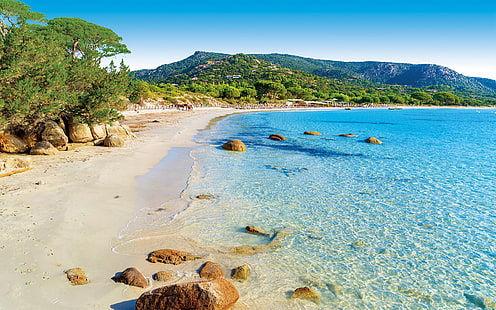Sole e mare turchese splendida spiaggia di sabbia Palombaggia nell'isola di Corsica Francia Full Hd Wqllpaper 1920 × 1200, Sfondo HD HD wallpaper