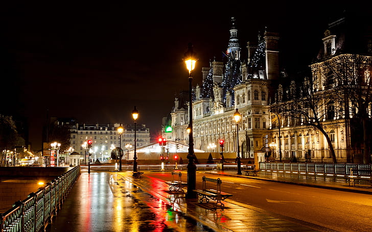 Paryż, Francja, hotel, miasto, ulica, noc, ulica, światła, Paryż, Francja, hotel, miasto, ulica, noc, droga, światła, Tapety HD