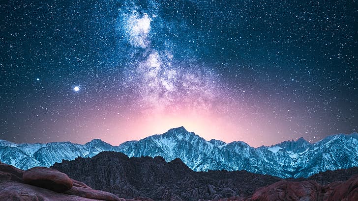 photography, landscape, mountains, nature, snow, sunset, stars, Milky Way, space, shooting stars, planet, HD wallpaper