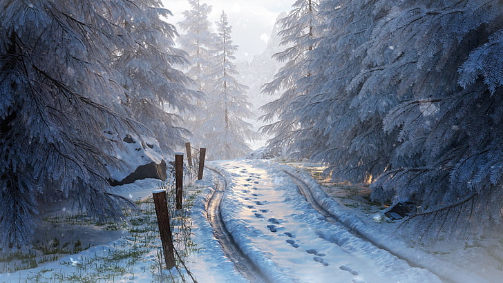 chemin de fer recouvert de papier peint de neige, hiver, route, arbres, neige, Fond d'écran HD
