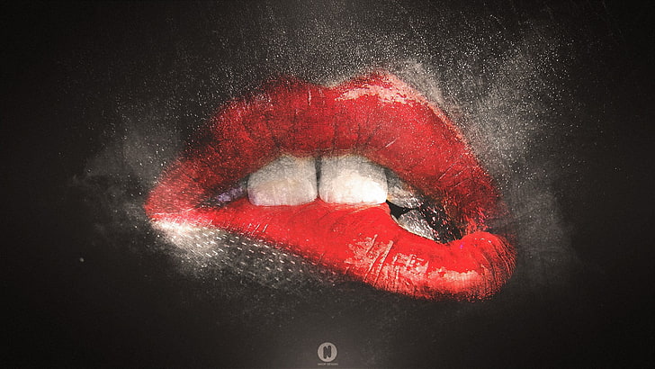 lips, red lipstick, open mouth, teeth, black, women, artwork, HD wallpaper