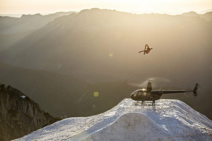 Candide Thovex, helikopter, Bermain Ski, Ski, salju, Wallpaper HD