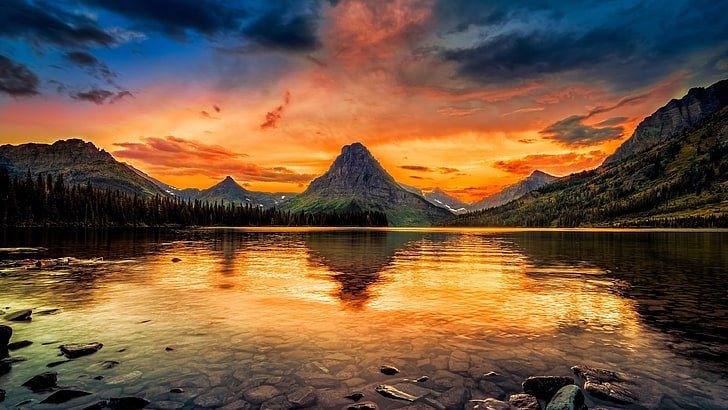 mount scenery, montana, united states, two medicine, two medicine lake, glacier national park, dusk, sunset, cloud, reflection, national park, afterglow, lake, mountain, wilderness, sky, nature, HD wallpaper