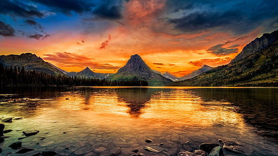 山の風景、モンタナ、アメリカ合衆国、2つの薬、2つの薬の湖、氷河国立公園、夕暮れ、日没、雲、反射、国立公園、残光、湖、山、荒野、空、自然、 HDデスクトップの壁紙 HD wallpaper