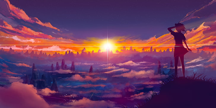 karakter anime berdiri di atas bukit selama wallpaper digital matahari terbit, matahari terbenam, lanskap, ungu, Wallpaper HD