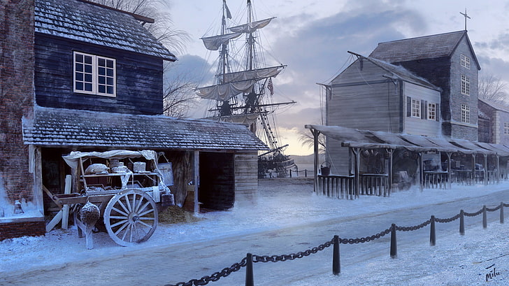brown wooden carriage, winter, road, ship, home, sailboat, wagon, HD wallpaper
