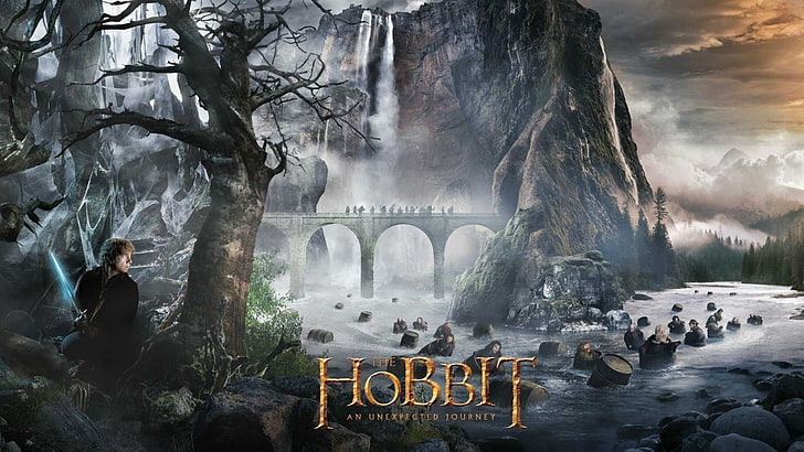 Fondo de pantalla de El Hobbit: Un viaje inesperado, películas, Bilbo Baggins, puente, cascada, montañas, El Hobbit: Un viaje inesperado, barriles, Fondo de pantalla HD