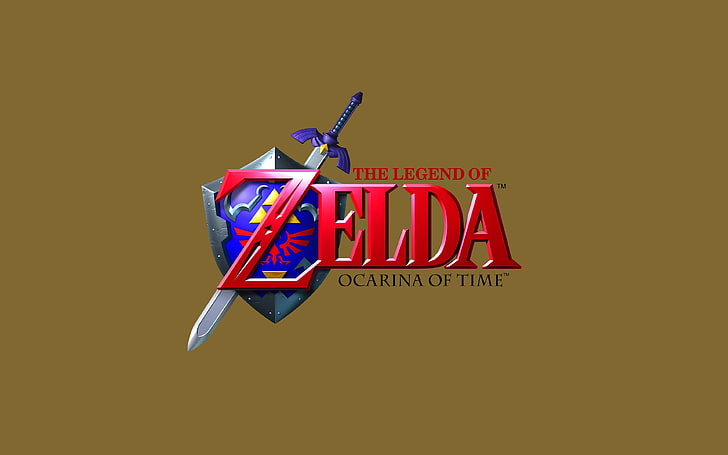 The Legend of Zelda Ocarina of Time logo, The Legend of Zelda: Ocarina of Time, video games, simple background, retro games, Master Sword, Hylian Shield, The Legend of Zelda, HD wallpaper