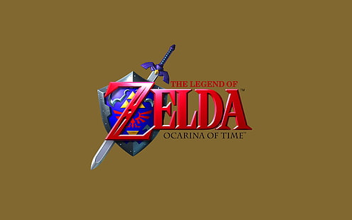 The Legend of Zelda Ocarina of Time-logotypen, The Legend of Zelda: Ocarina of Time, videospel, enkel bakgrund, retrospel, Master Sword, Hylian Shield, The Legend of Zelda, HD tapet HD wallpaper
