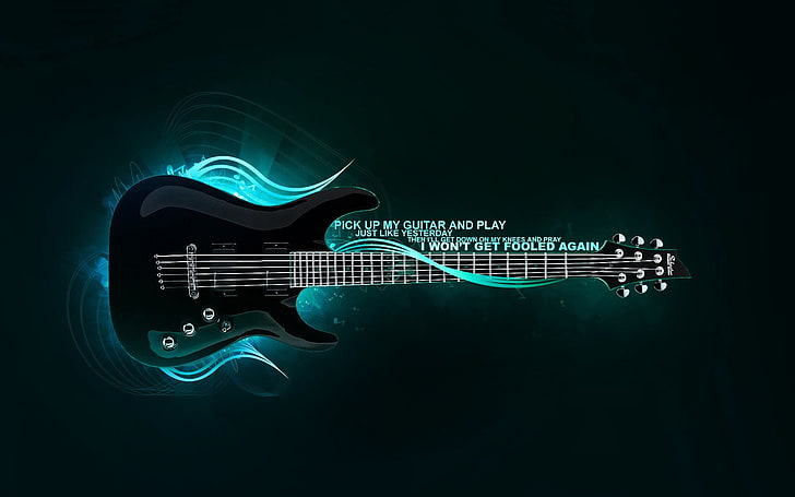 black and blue electric guitar, quote, guitar, HD wallpaper