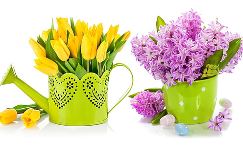 Lillà viola e tulipani gialli, lilla, lilla viola, tulipani, tulipani gialli, primavera, bouquet, Sfondo HD HD wallpaper