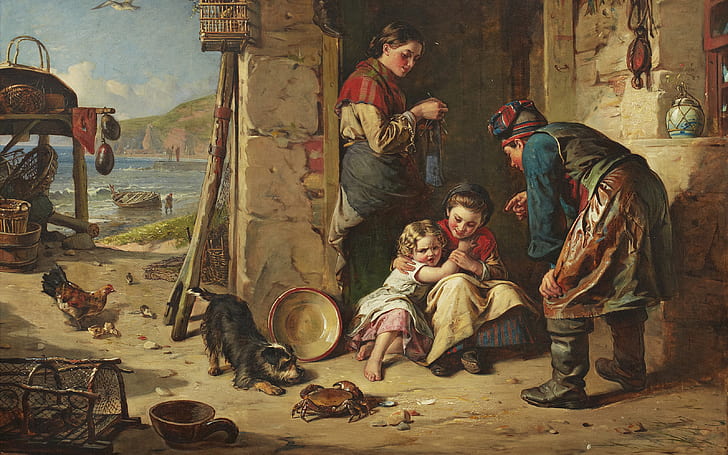 1866, pintor británico, óleo sobre lienzo, Robert Thorburn Ross, The Fisher’s Home, La casa del pescador, Fondo de pantalla HD