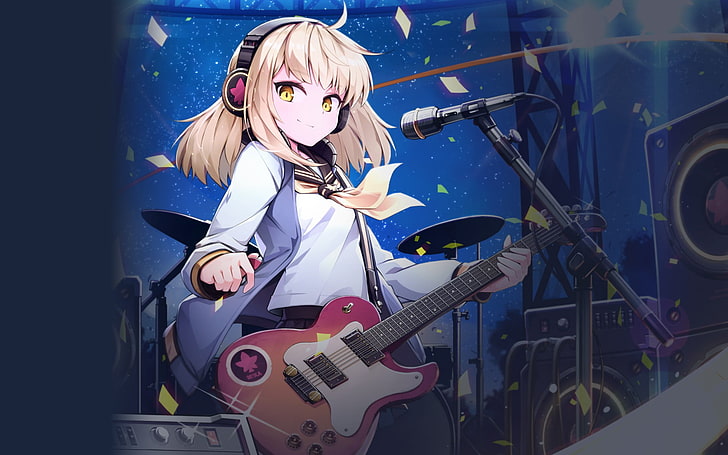 female animal character holding guitar wallpaper, MapleStory2, headphones, electric guitar, microphone, HD wallpaper