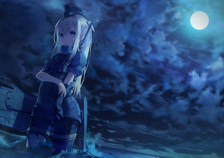 U-511 (KanColle), lua, nuvens, água, coleção Kantai, garotas de anime, HD papel de parede